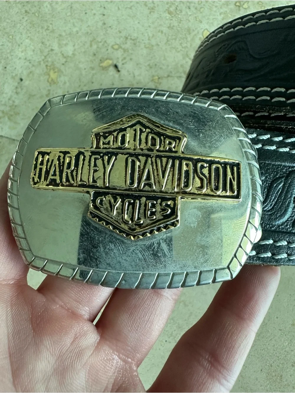 Vintage Harley-Davidson Black Leather Belt with Two-Tone Logo Buckle
